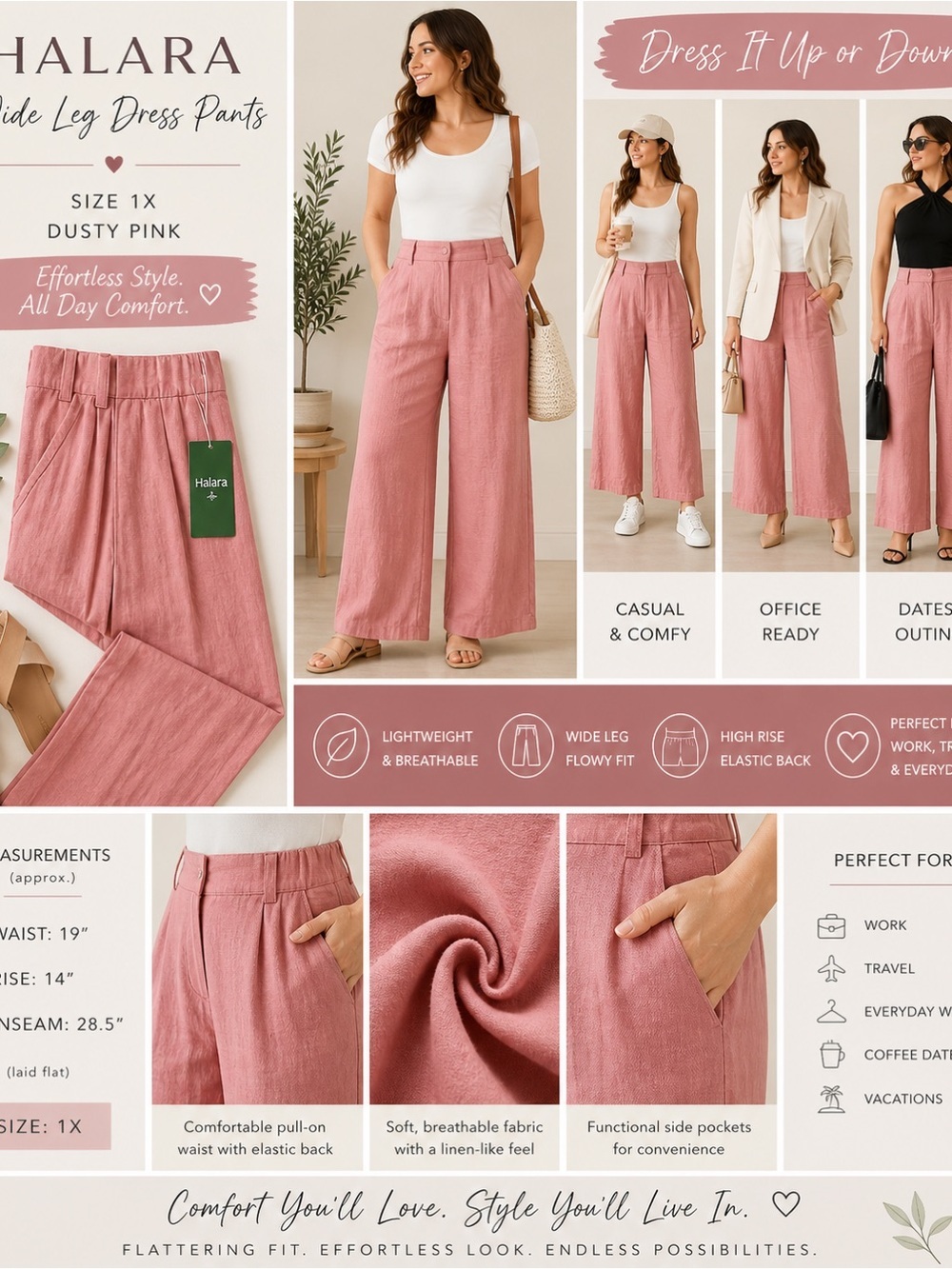 Halara Wide Leg Dress Pants 1X Dusty Pink High Rise Pull On Office Casual - Picture 2 of 11